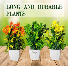 Asharya® Artificial Flower Plants for Home Décor – Set of 4 Mini Potted Plants (7 Inch) in White Pots | Pink, Yellow, Red & Blue Faux Flowers for Living Room, Office, Indoor Outdoor Decoration