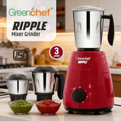 Greenchef Ripple Mixer Grinder - 3 Stainless Steel Jars with Stainless Steel Blades, 750 Watts, 230-240v, 18000 RPM, Red Color, ABS Body, ISI Certified, Heavy Duty Motor, 5 Year Warranty on Motor