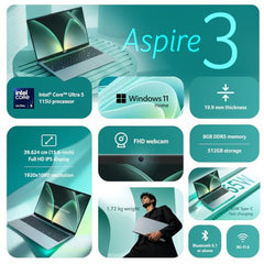 Acer Aspire 3 AI PC Intel Core Ultra 5 115U, 16GB DDR5 RAM/512GB SSD, 15.6" FHD IPS Display, Win 11Home, Steel Grey, 1.72 Kg, A325-55, Backlit Keyboard, Thin & Light Laptop