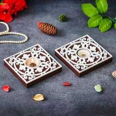 eCraftIndia Wooden Floral Printing Block Decorative Tea Light Candle Holders (Set of 12, Green White) Diwali Christmas Decorations Items for Home Office Christmas Gifts for Women Men Family Friend