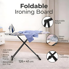 VIN KRAFT Premium Wooden Ironing Board/Table with Iron Holder, Foldable & Adjustable | Heat-Resistant Cover, Non-Slip Feet (120 x 41 Cm, Black - Debra)
