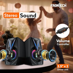 FRONTECH Multimedia Speakers, 12W Output, 2.0 Channel Stereo Sound, RGB Lighting, USB Powered, 3.5mm AUX, 1 Year Warranty (SPK-0014)