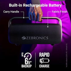 ZEBRONICS AXON 100 Portable Party Bluetooth Speaker, 90W RMS, Quad Drivers + Dual Passive Radiators, IPX5, Upto 6 Hours Playback, Rapid Charging, BT | USB | AUX | TWS, Fabric Finish, RGB, Deep Bass