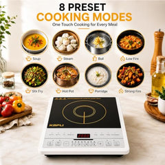 KAPLI 2000 W Induction Cooktop with Touch Panel, 8 Preset Cooking Functions, 4-Digit LED Display, Auto Pan Detection & High-Low Voltage Protection – Black & White