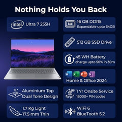 Lenovo Smartchoice ThinkBook 16, Intel Core Ultra 7 255H, 16GB RAM, 512GB SSD, WUXGA IPS 16”(40.64cm), Win11, ArcticGrey,1.7Kg, 21SKA0FUIG, Fingerprint, Backlit,300Nits, 1Y Warranty, AI Powered Laptop