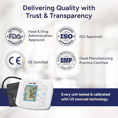 1MG Tata Arm Blood Pressure Monitor | Fully Automatic Portable Digital BP Machine For Home | Large LCD Display | Powered With USB Cable Or AA Batteries | Stores 90 Sets Of Memory For 2 Users, White