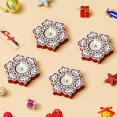 eCraftIndia Wooden Floral Printing Block Decorative Tea Light Candle Holders (Set of 12, Green White) Diwali Christmas Decorations Items for Home Office Christmas Gifts for Women Men Family Friend