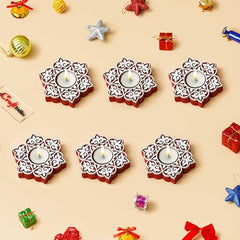 eCraftIndia Wooden Floral Printing Block Decorative Tea Light Candle Holders (Set of 12, Green White) Diwali Christmas Decorations Items for Home Office Christmas Gifts for Women Men Family Friend
