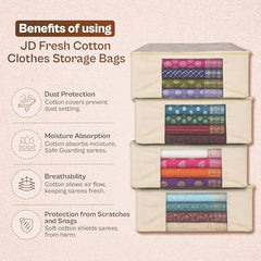 JD FRESH 3 Pcs Cotton Saree Covers/Storage Bags with Zip Cover/Space Saving Bag with Transparent Window/Wardrobe & Cupboard Organizer for Clothes/Bedsheets/Lehengas (16 x 13 x 3 Inch/Off White)