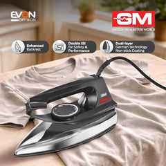 GM Ferro 1200W Heavyweight Dry Iron Press 1.75 Kg | Dual Layer German Non-Stick Coating with 2 Yrs Warranty | Shock Proof Iron Box for Clothes with 1.8M Cord Length | Enhanced Back Rest for Safety