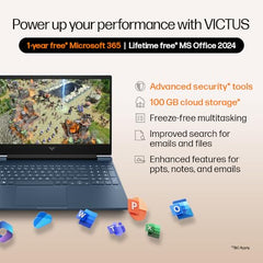 HP Smartchoice Victus, AMD Ryzen 5 8645HS, 6GB RTX 3050, 31 Tops, 16GB DDR5(Upgradeable) 512GB SSD, 144Hz, 300nits, FHD, 15.6"/39.6cm, Win11, M365* Office24, Blue, 2.3kg, fb3009AX, AI Gaming Laptop