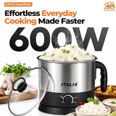ITALIA Premium Electric 600W Multi Kettle 1.2L with Stainless Steel Body, Egg Rack, Grill Rack, 3 Heating Modes & Rapid Boil Technology, Boiling Water, Tea, Coffee, Oats, Noodle, Soup, Black
