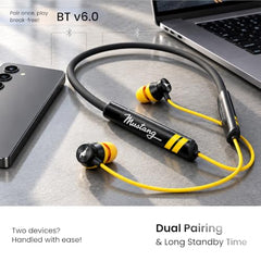 GOBOULT. Mustang TuneX Bluetooth Earphone with 40H Playtime, Dual Pairing Neckband, Zen™ ENC Mic, Type-C Fast Charging, 10mm Bass Driver, Bluetooth v6.0, IPX5 Silicone (Yellow)