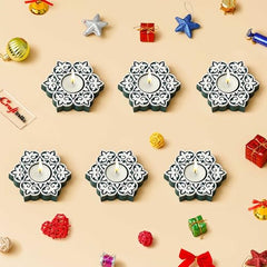eCraftIndia Wooden Floral Printing Block Decorative Tea Light Candle Holders (Set of 12, Green White) Diwali Christmas Decorations Items for Home Office Christmas Gifts for Women Men Family Friend