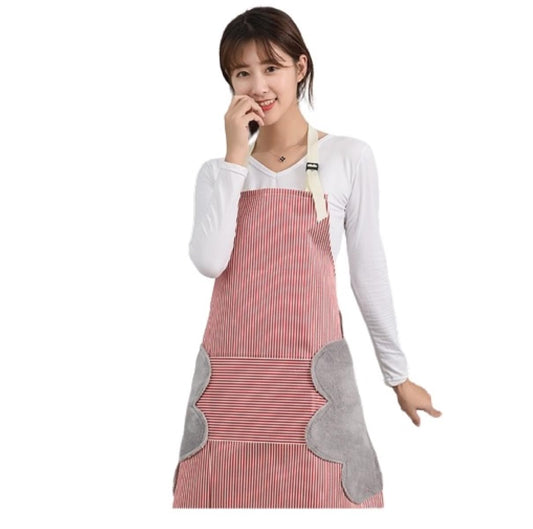 MOMISY Kitchen Cooking Apron with Pocket and 2 Stitched Towels Waterproof Adjustable Durable Stripe Kitchen Women Men Apron with Pockets Bib (Striped Red)