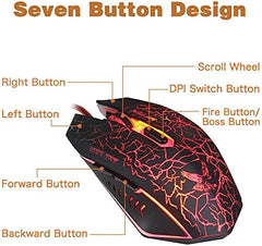 MFTEK Gaming Combo - LED Backlit USB Wired Keyboard and Mouse | 7 Button Lighted Mouse and Large Size Mouse Pad | Mechanical Feeling Keyboard | 114 Keys Letters Glow | Combo Set of 3 (Black)