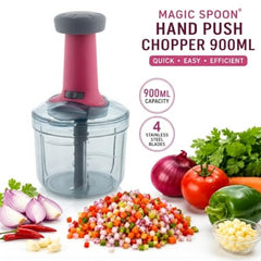 MAGIC SPOON Hand Push Chopper 1000ML, Vegetable & Onion Chopper with 4 Stainless Steel Blades, Manual Food Chopper for Garlic, Chilli, Dry Fruits, Nuts Cutter & Salad Preparation for Kitchen, Pista