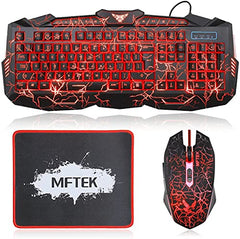 MFTEK Gaming Combo - LED Backlit USB Wired Keyboard and Mouse | 7 Button Lighted Mouse and Large Size Mouse Pad | Mechanical Feeling Keyboard | 114 Keys Letters Glow | Combo Set of 3 (Black)