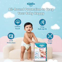 Amazon Brand - Supples Premium Baby Diaper Pants | 108 Baby Diapers | XL | 12-17 Kg | 12 Hrs Absorption | Cushiony Cotton Soft Fabric | Phthalates-Free | Triple Leak Guard | 54 Count, Pack of 2