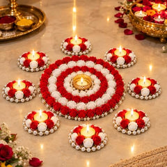 Webelkart Premium Pack of 9 Diwali Decoration Flower Rangoli Diwali Decorative Rangoli with Diya Set, Tea Light Candle Holder Floor Rangoli Festival Decor Home,Deepawali Center 10" and Samll 4" in