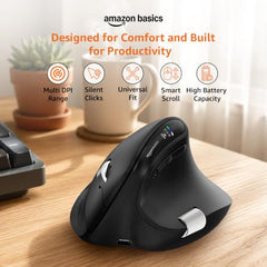 Amazon Basics Ergonomic Wireless Side Scroll Mouse with Multi-Device, Computer Mice with Smart Flying Scroll, Quiet Click, 5-Level DPI Upto 4800 for Computer, Laptop, iPad, Tablet, MacBook (Grey)