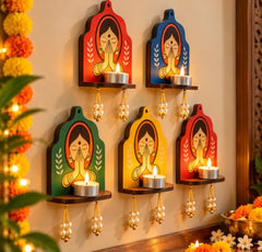 Wooden Jharokha Wall Hanging Tea Light Holder – Traditional Diya Stand & Floating Shelf for Pooja Room, Living Room, Balcony & Temple Décor | Diwali Decoration Items for Home & Main Door (WJH-11)