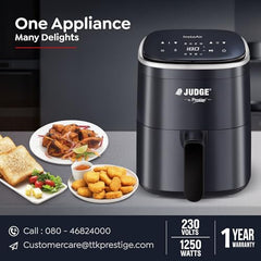 Judge by Prestige InstaAir Digital 4L Air Fryer | 80% less Oil Consumption | Air Fry, Grill, Roast, Bake | Digital Display | 8 Preset Menu | 1250 Watts | Easy to Clean | 1Y Warranty | ISI Certified