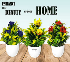 Asharya® Artificial Flower Plants for Home Décor – Set of 4 Mini Potted Plants (7 Inch) in White Pots | Pink, Yellow, Red & Blue Faux Flowers for Living Room, Office, Indoor Outdoor Decoration