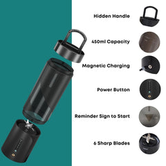 Libra Portable Blender for Smoothies & Juices – USB Rechargeable Blender Juicer with 6 Blades, 450ml Capacity, 4000mAh Battery, 200W Motor, Waterproof Portable Juicer for Travel, Gym & Office (Black)
