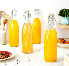 Amazon Brand - Solimo Silica Glass Bottle with Flip Cap, 1 Litre, Set of 4, Transparent
