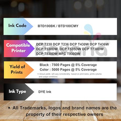 Ravaria BTD100BK Compatible Ink for Brother Printer DCP-T236 DCP-T230 DCP-T436W DCP-T430W DCP-T535DW DCP-T530DW DCP-T730DW DCP-T830DW MFC-T930DW (BTD100BK Black Ink 2 Pcs)