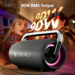ZEBRONICS AXON 100 Portable Party Bluetooth Speaker, 90W RMS, Quad Drivers + Dual Passive Radiators, IPX5, Upto 6 Hours Playback, Rapid Charging, BT | USB | AUX | TWS, Fabric Finish, RGB, Deep Bass