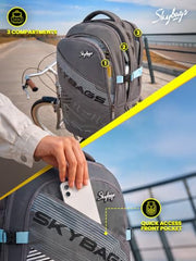 Skybags Quantum 34L Laptop Backpack, 3 Compartments, Grey | Spacious, Organized Interiors, Front & Side Pockets, Rain Cover, College/ Travel/ Office Bag, Unisex, 1-Year Global Warranty