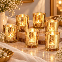 The Purple Tree Rose Gold Mercury Votive Tealight Candle Holders for Diwali and Christmas (Pack of 6) - Corporate Gifts, Home Decor, Decoration - Glass