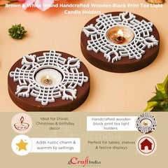 eCraftIndia Wooden Floral Printing Block Decorative Tea Light Candle Holders (Set of 12, Green White) Diwali Christmas Decorations Items for Home Office Christmas Gifts for Women Men Family Friend