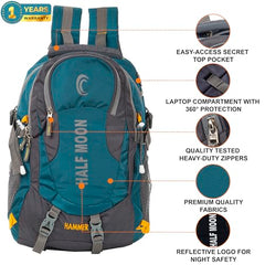 Half Moon 45L Hammer Waterproof Rucksack Bags for Man/Trekking Bags for Men | With 17.3" Laptop Compartment & Rain cover | For Trekking, Hiking, Travel Backpack for Men & Women (Navy Blue)