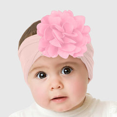 SYGA PACK OF 3 Headbands Nylon Flower Soft Stretchable Hairband for Newborn Infant Toddler Kids For 0-3 Year (MediumPink-Beige Yellow-Turquoise)