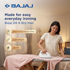 Bajaj DX-6 1000 Watts Dry Iron | Advance Soleplate And Anti-Bacterial German Coating Technology | Thermol Fuse Safety | Auto Shut-Off | Cool Touch Body | 2 Yr Warranty 【White】