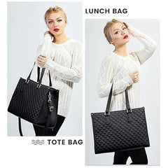Crewer Elegant Work Bag with Lunch Compartment – Laptop Tote Bag with Lunch Box Section, Office Bag with Insulated Lunch Storage – Stylish Quilted Shoulder Bag for Women. (Cream)