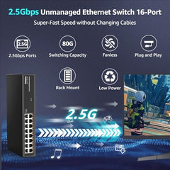 YuanLey 18 Port 2.5G PoE Switch Unmanaged, 16 x 2.5G Base-T PoE Ports, 2 x 10G RJ45 UpLink, IEEE802.3af/at, 250W, Compatible with 100/1000/2500Mbps, Metal Case, 2.5Gbe Network Switch