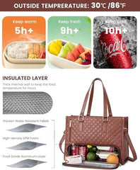 Crewer Elegant Work Bag with Lunch Compartment – Laptop Tote Bag with Lunch Box Section, Office Bag with Insulated Lunch Storage – Stylish Quilted Shoulder Bag for Women. (Cream)