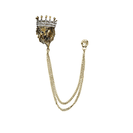 SYGA Men's & Women Classic Animal Lion Head Corsage Suit With Eagle Chain Lapel Pin Tassel Brooch Pin with Crystal Chain(Ancient gold crown lion head)