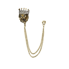 SYGA Men's & Women Classic Animal Lion Head Corsage Suit With Eagle Chain Lapel Pin Tassel Brooch Pin with Crystal Chain(Ancient gold crown lion head)