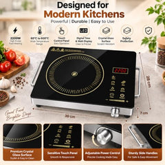 Infrared Cooktop with Crystal Glass & Touch Panel | 2200 Watt | 4 Pre set cooking Modes | Stir-fry | BBQ | Hot Pot | Steam | 60°C to 600°C | Digital time & Watt display
