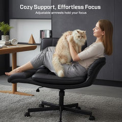 DROGO Zen Atora Ergonomic Criss Cross Legged Office Chair for Work with 5 Gear Armrest & Wide Thick Cushion Seat | PU Leather Computer Chair with Adjustable Height, Recline & Heavy Metal Base (Black)