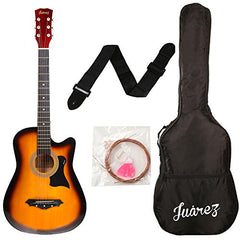 Juârez Acoustic Guitar Kit, JRZ38C/BK 38 Inch Cutaway, 038C with Bag, Strings, Pick and Strap, Black
