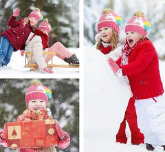 SYGA Children's Unicorn Beanie Cap & Gloves Set Winter Pom Pom Hat Combo for Ages 5-10 Years Warm Knitted Design(Pink)