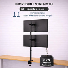 UNIQ Mounts™ Dual Vertical Monitor Arm for 13–32", Desk Mount with 8kg Load Per Arm, 180° Swivel, 360° Rotation, ±15° Tilt, Full Motion Adjustable VESA 75/100 Monitor Holder