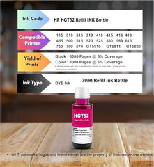 CANOFF GT53Xl for HP Black Pigment Refill Ink Compatible for HP Ink Tank 115, 310, 315, 319, 410, 415, 416, 419, 455, 500, 515, 530, 615, GT 5810, GT 5811, GT 5820 (GT53XL Black 5, 135ml)