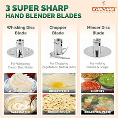 Kanchan Majesty Hand Blender with 3 Stainless Steel Blades Mincer, Whisking, Beater | Electric Blender for Kitchen with Low Noise Powerful 180W Copper Motor 2-Speed Control - 2 Year Warranty (Beige)
